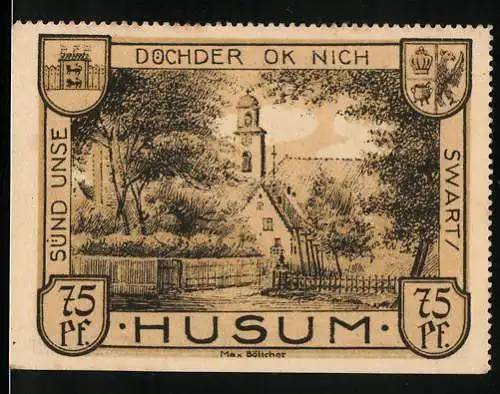 Notgeld Husum, 1921, 75 Pf, Kirche und Gebäude, Gültigkeit bis 31.3.1922