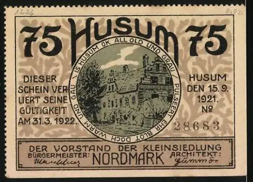 Notgeld Husum, 1921, 75 Pf, Kirche und Gebäude, Gültigkeit bis 31.3.1922