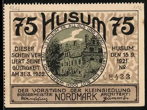 Notgeld Husum 1921, 75 Pfennig, Gebäudeansicht mit Schriftzug und Landschaftsillustration