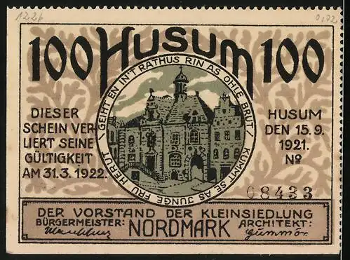 Notgeld Husum, 1921, 100 Pf, Haus und Rathaus, Gültigkeit bis 31.3.1922