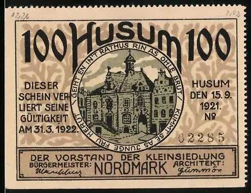 Notgeld Husum 1921, 100 Pfennig, Rathaus und Wohnhausansicht