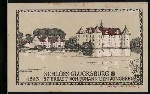 Notgeld Glücksburg, 1920, eine Mark, Schloss Glücksburg Illustration und Wappen der Stadt Glücksburg