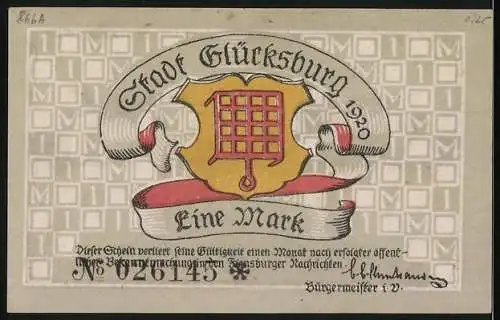 Notgeld Glücksburg, 1920, eine Mark, Schloss Glücksburg Illustration und Wappen der Stadt Glücksburg