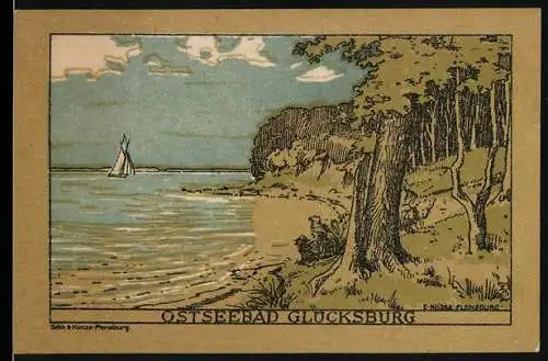 Notgeld Glücksburg 1920, 50 Pfennig, Ostseebad Glücksburg mit Segelboot und Waldszene