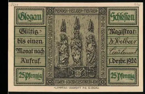 Notgeld Glogau, 1920, 25 Pfennig, Heiligenfiguren und Gebäudeansicht