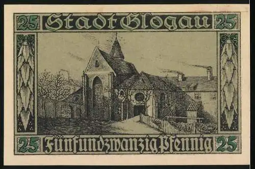 Notgeld Glogau, 1920, 25 Pfennig, Heiligenfiguren und Gebäudeansicht