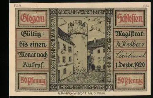 Notgeld Glogau, 1920, 50 Pfennig, Turm mit Häusern und Buchtext auf der Rückseite