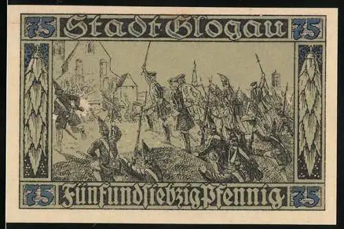 Notgeld Glogau, 1920, 75 Pfennig, Stadtansicht und historische Schlachtszene