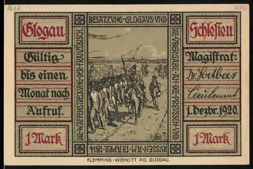 Notgeld Glogau, 1920, 1 Mark, Besatzung und Übergabe an die Preussen, Stadtansicht und Soldaten