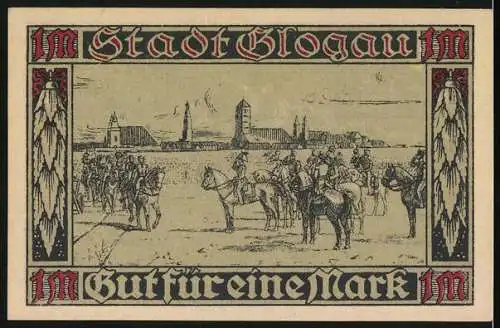 Notgeld Glogau, 1920, 1 Mark, Besatzung und Übergabe an die Preussen, Stadtansicht und Soldaten