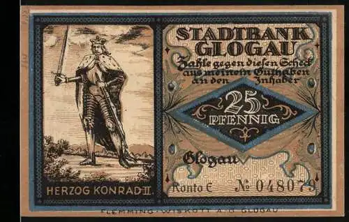 Notgeld Glogau, 1921, 25 Pfennig, Herzog Konrad II und die Domkirche errichtet um 1250