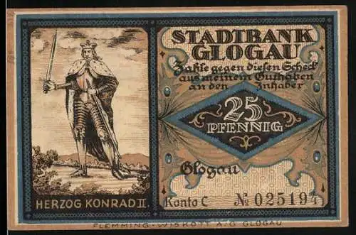 Notgeld Glogau, 25 Pfennig, Herzog Konrad II und Domkirche, 1920