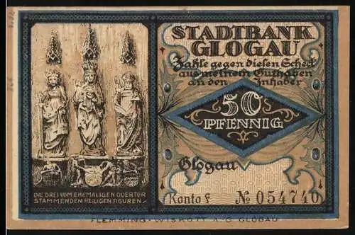 Notgeld Glogau, 1921, 50 Pfennig, Stadtbank Glogau und Franziskaner Klosterkirche