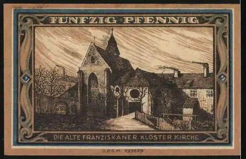 Notgeld Glogau, 1921, 50 Pfennig, Stadtbank Glogau und Franziskaner Klosterkirche