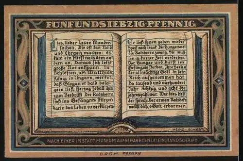 Notgeld Glogau, 75 Pfennig, Stadtbank Glogau mit Hungerturm und lateinischer Handschrift