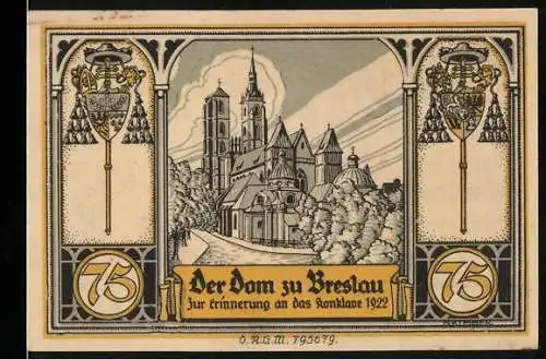 Notgeld Glogau 1922, 75 Pfennig, Der Dom zu Breslau und Adolf Kardinal Bertram