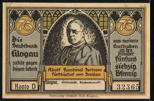 Notgeld Glogau 1922, 75 Pfennig, Der Dom zu Breslau und Adolf Kardinal Bertram