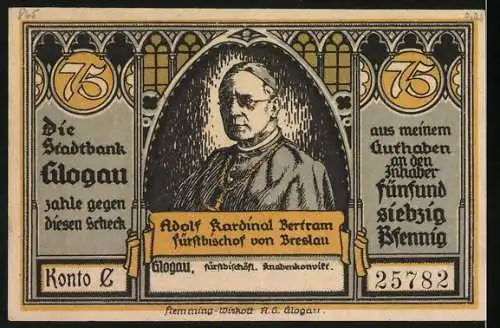 Notgeld Glogau 1922, 75 Pfennig, Der Dom zu Breslau und Kardinal Bertram