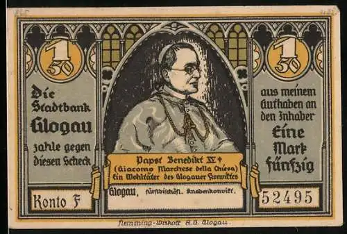 Notgeld Glogau, 1922, 1.50 Mark, Papst Benedikt XV und Knabenkonvikt