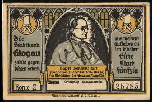 Notgeld Glogau, 1922, 1.50 Mark, Papst Benedikt XV. und Fürstbischöfliches Knabenkonvikt