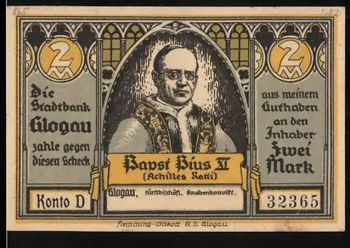 Notgeld Glogau 1922, 2 Mark, Papst Pius XI und Peterskirche zu Rom