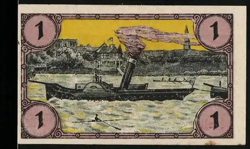 Notgeld Glogau 1920, 1 Pfennig, Dampfschiff mit Stadtansicht und Arbeiter-Motiven