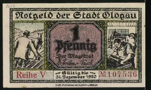 Notgeld Glogau 1920, 1 Pfennig, Dampfschiff mit Stadtansicht und Arbeiter-Motiven