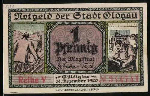 Notgeld Glogau 1920, 1 Pfennig, Arbeiter und Dampfschiff-Szene