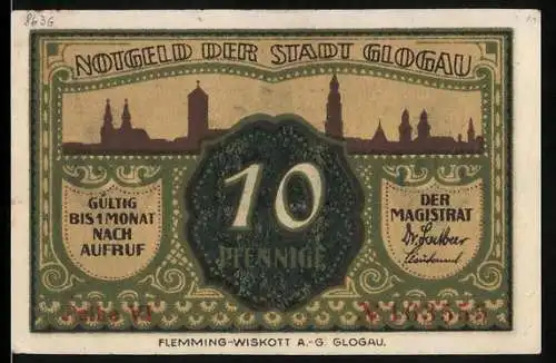 Notgeld Glogau, 10 Pfennig, Stadtansicht und Wappen, gültig bis 1 Monat nach Aufruf