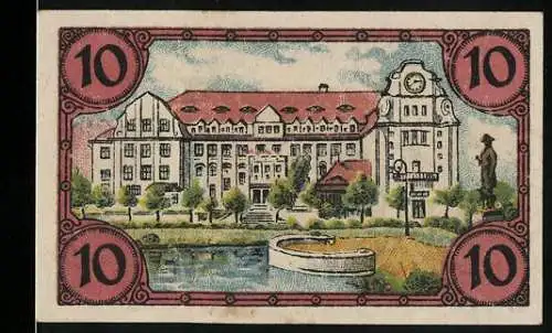 Notgeld Glogau, 1920, 10 Pfennig, Abbildung eines Gebäudes und Szenen der Arbeit auf der Rückseite