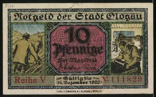 Notgeld Glogau, 1920, 10 Pfennig, Abbildung eines Gebäudes und Szenen der Arbeit auf der Rückseite