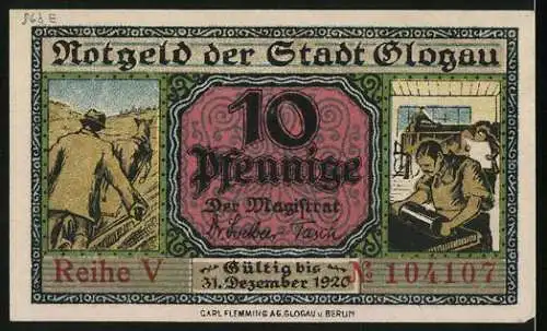 Notgeld Glogau, 1920, 10 Pfennig, Gebäude mit Turmuhr, Arbeiter und Bauern Szenen