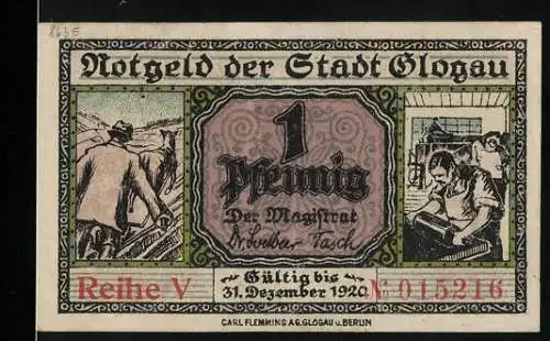 Notgeld Glogau, 1920, 1 Pfennig, Arbeiter bei der Arbeit und Dampfer