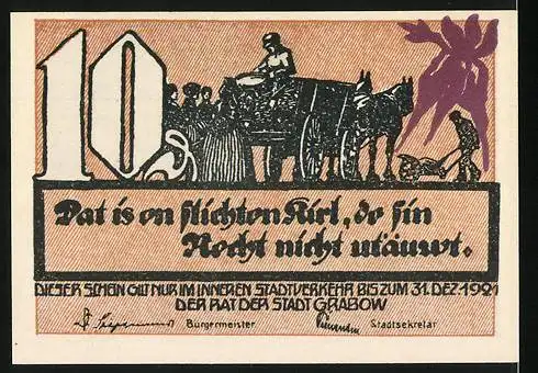 Notgeld Grabow, 1921, 10 Pf, Szenen mit Kamelen und Ochsenkarren