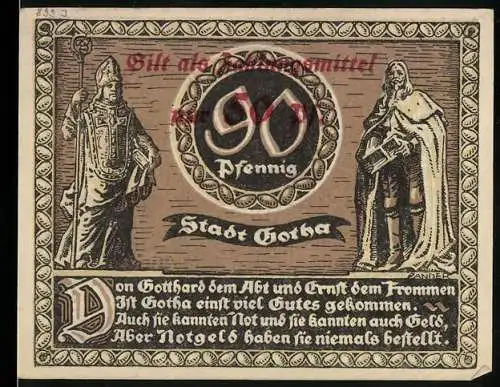 Notgeld Gotha, 1921, 90 Pfennig, Abt und Ernst dem Frommen, Rathaus und Stadtwappen Nr. 595