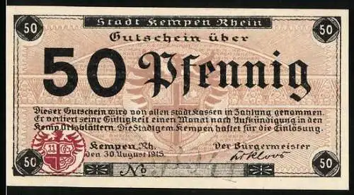 Notgeld Kempen / Rhein 1918, 50 Pfennig, Stadtwappen und Gebäudeansicht