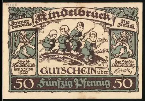 Notgeld Kindelbrück 1920, 50 Pfennig, Kinder auf Brücke und Landschaftsmotiv
