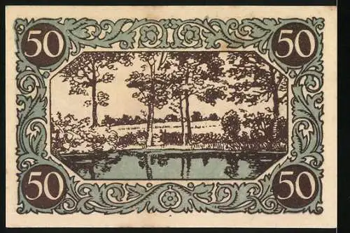 Notgeld Kindelbrück 1920, 50 Pfennig, Kinder auf Brücke und Landschaftsmotiv