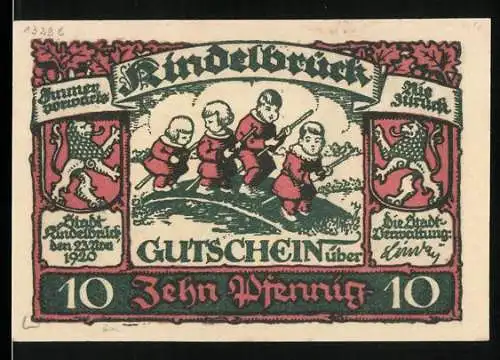 Notgeld Kindelbrück 1921, 10 Pfennig, Kinder beim Spielen und Kirche, detaillierte Umrandung in Rot