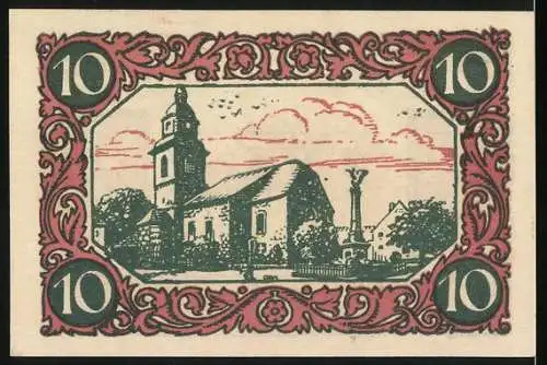 Notgeld Kindelbrück 1921, 10 Pfennig, Kinder beim Spielen und Kirche, detaillierte Umrandung in Rot