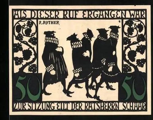 Notgeld Kitzingen, 1921, 50 Pfennig, Gutschein der Stadt Kitzingen am Main mit Silhouette und Ratsherren