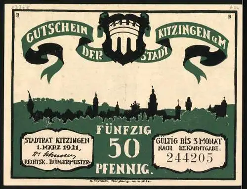 Notgeld Kitzingen, 1921, 50 Pfennig, Gutschein der Stadt Kitzingen am Main mit Silhouette und Ratsherren