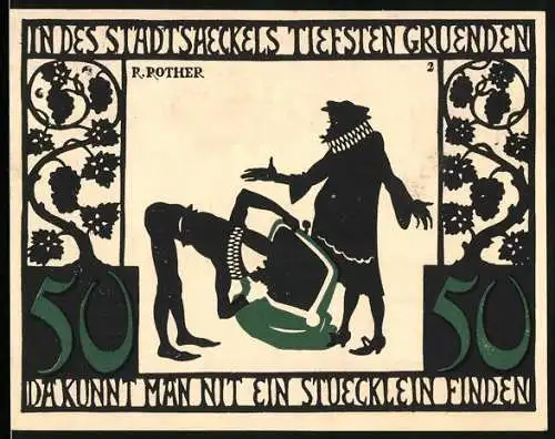 Notgeld Kitzingen, 1921, 50 Pfennig, Silhouetten und Stadtansicht, gültig bis 3 Monate nach Bekanntgabe