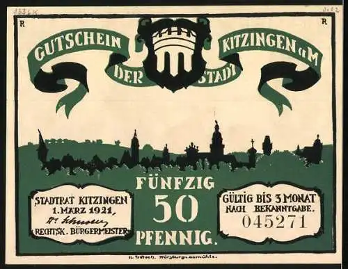 Notgeld Kitzingen, 1921, 50 Pfennig, Silhouetten und Stadtansicht, gültig bis 3 Monate nach Bekanntgabe