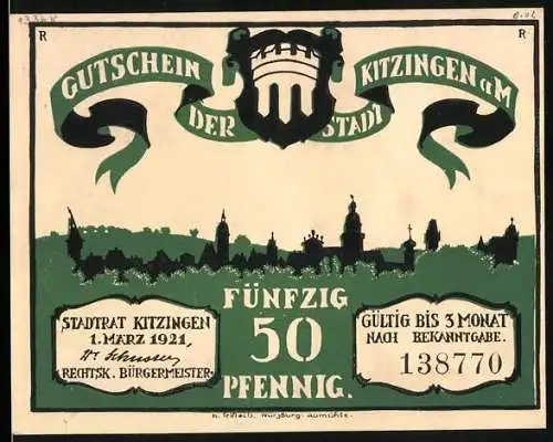 Notgeld Kitzingen, 1921, 50 Pfennig, Gutschein der Stadt mit Stadtansicht und historischem Motiv