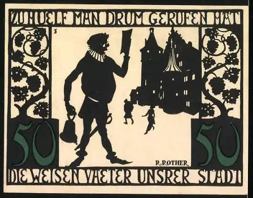 Notgeld Kitzingen, 1921, 50 Pfennig, Gutschein der Stadt mit Stadtansicht und historischem Motiv