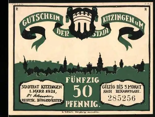 Notgeld Kitzingen 1921, 50 Pfennig, Stadtsilhouette und Figuren mit Geldsack