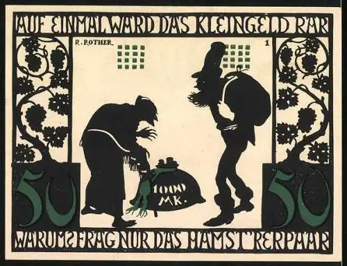 Notgeld Kitzingen 1921, 50 Pfennig, Stadtsilhouette und Figuren mit Geldsack