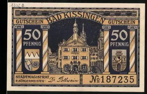 Notgeld Bad Kissingen, 1920, 50 Pfennig, Vorderseite Rathaus und Rückseite trauernde Germania