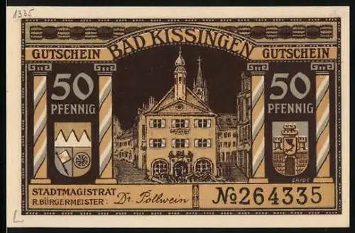 Notgeld Bad Kissingen, 1919, 50 Pfennig, Rathaus und Trauernde Germania, Seriennummer 264335